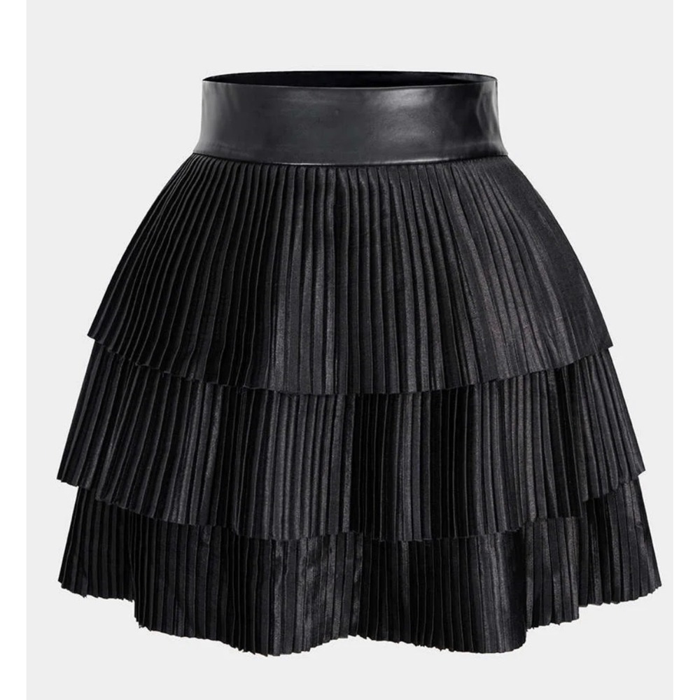 Micas Black Satin Finish Pleated Layered Mini Skirt XL Faux Leather Waistband